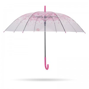lyserød sakura 23 '' 8k auto åben plast J håndtag gennemsigtig poe lige paraply