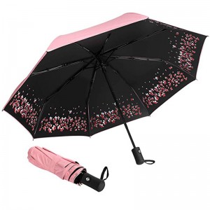 Blomsterdesign tilpasset udskrivning paraply med sort belægning UV-beskyttelse 3 fold paraply